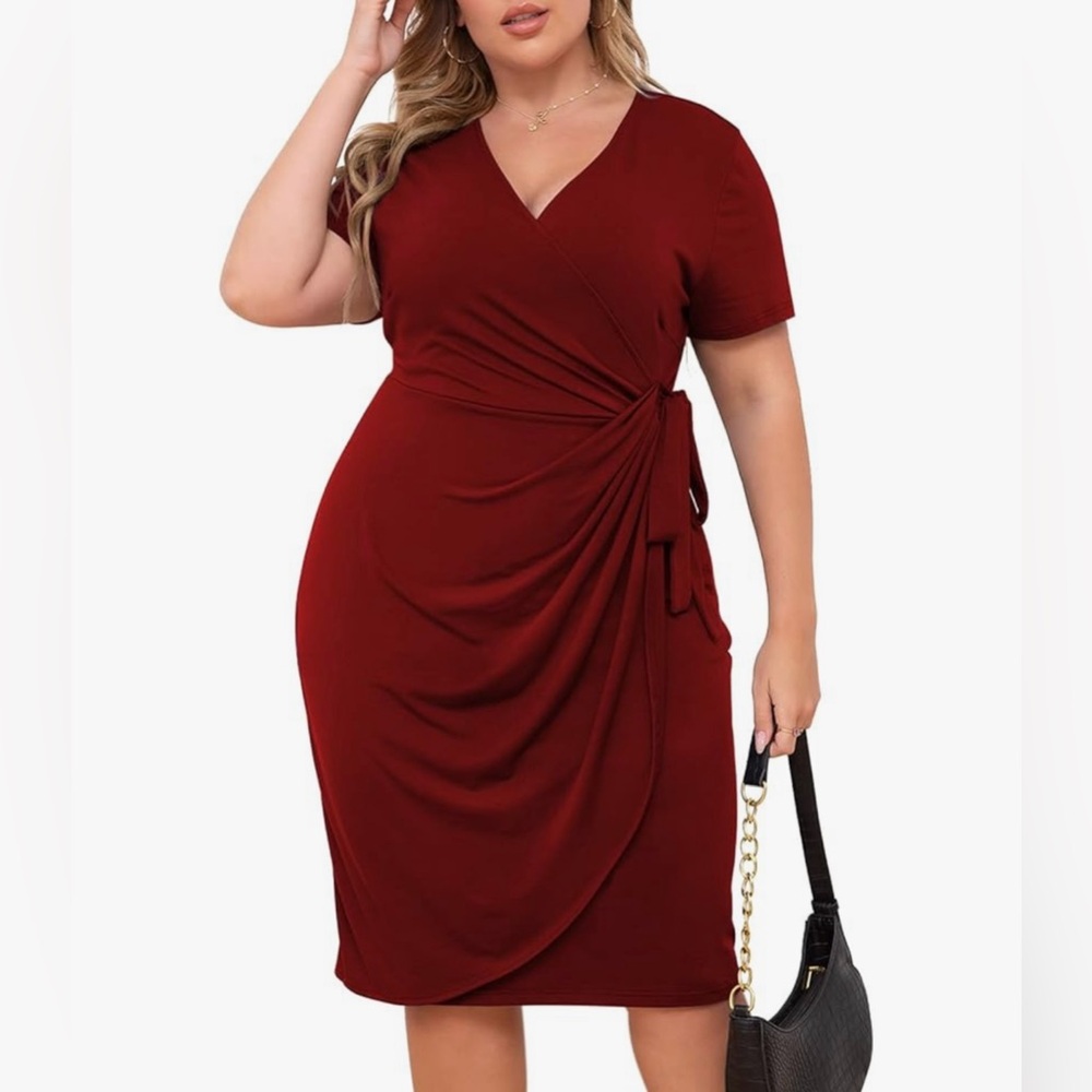 Plus Size Nemidor Ruched Wrap Dress Pleated Bodycon Midi